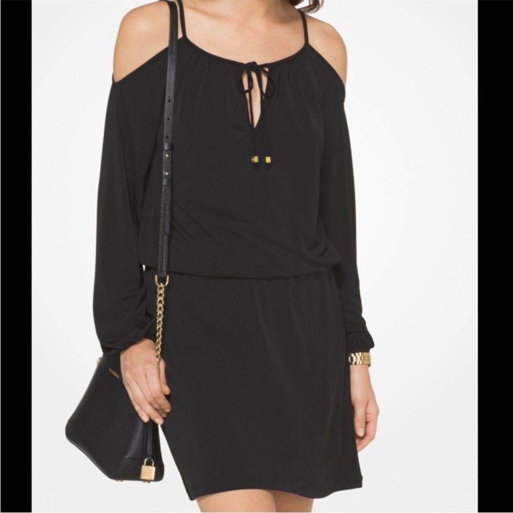 Michael Kors Womens Jersey Cold Shoulder Dress Size M Long Sleeve Black Keyhole